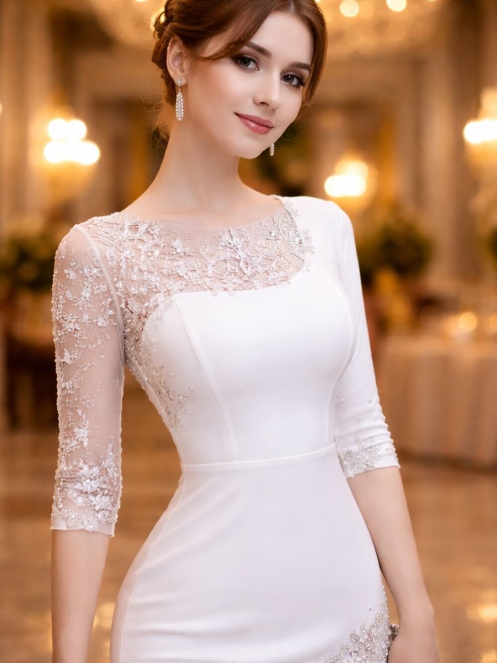 White Evening Gown 3/4 Sleeve Lace Detail Wedding Guest Formal Dress